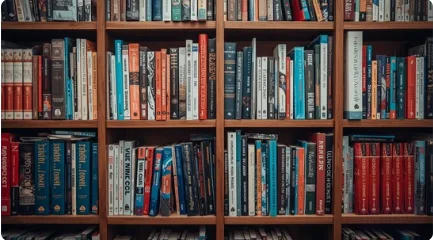 Books on wooden shelves